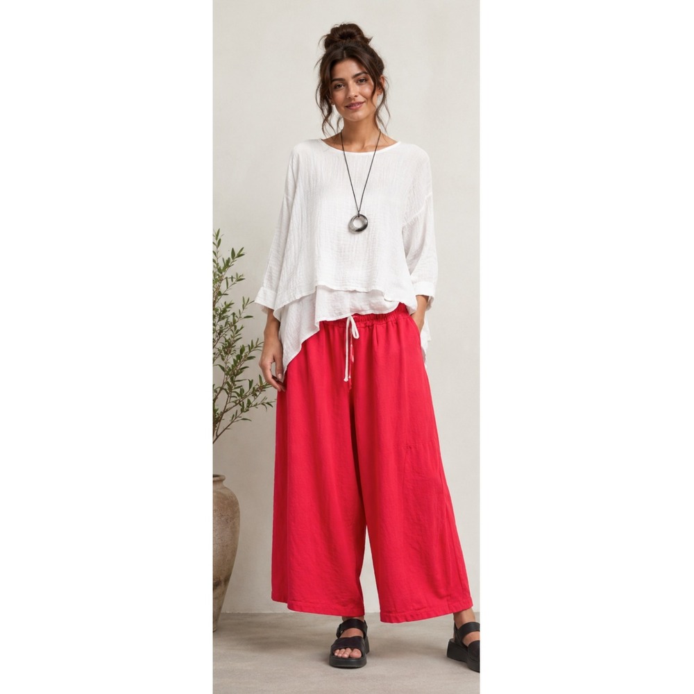 NWT Wiya Red Wide Leg Cropped Pants High Waist Drawstring Culottes One Size